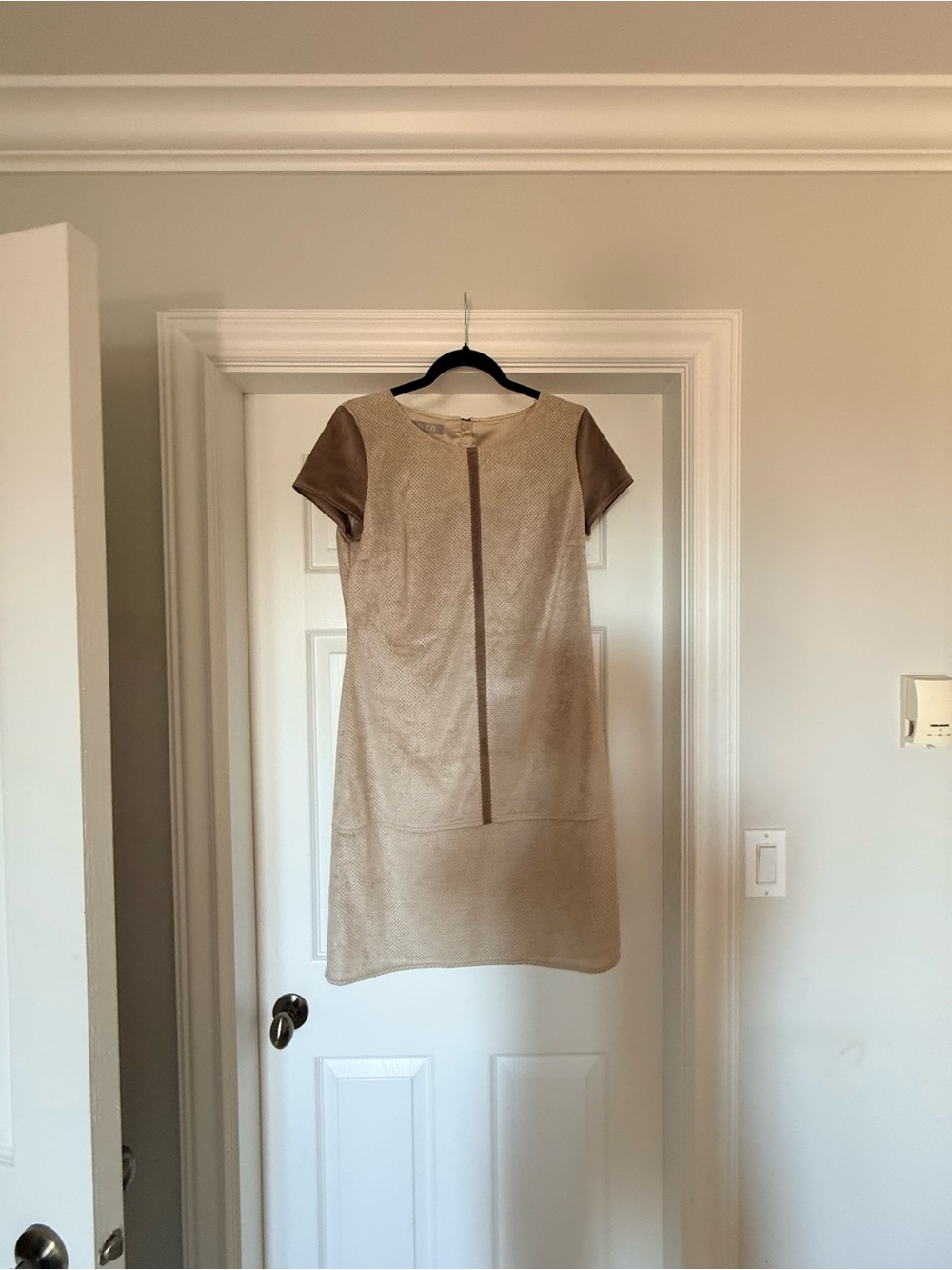 Neutral Beige Mini Dress with Contrasting Brown Sleeves